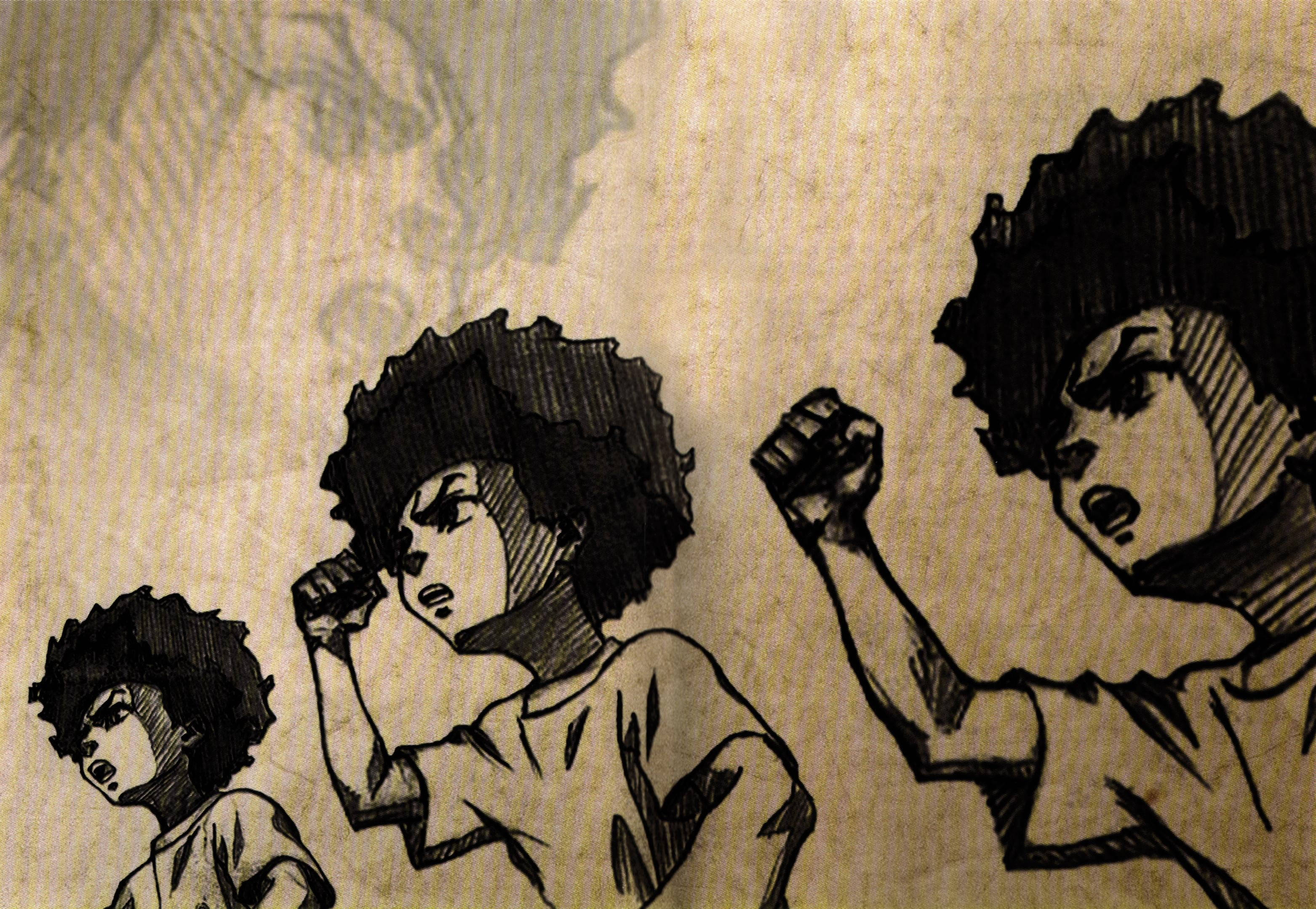 Boondocks 桌布 壁紙 — 三個有非洲式爆炸頭的插圖人物在紋理紙上以粗糙素描風格舉起拳頭。