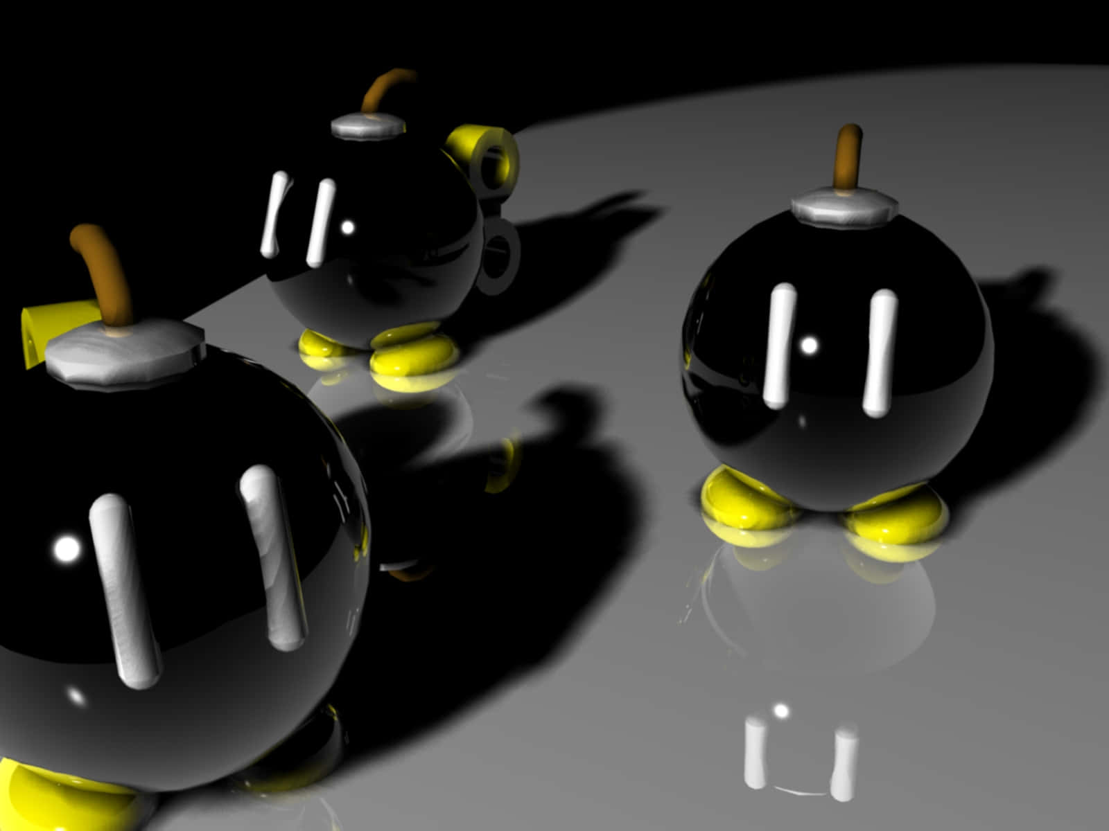 Bob-omb 桌布 壁紙 — 三個有黃色腳和銀色蓋子的光澤黑色卡通炸彈坐在反射灰色表面上，投射出銳利的陰影。