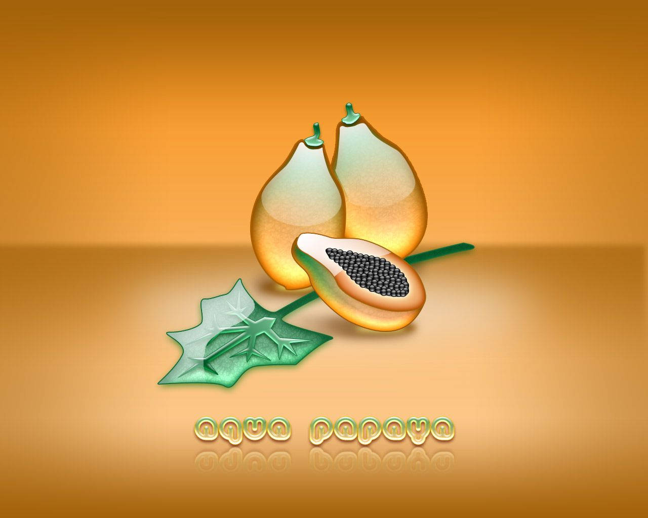 Fruit 桌布 壁紙 — 三個木瓜，其中一個切開露出黑色種子，旁邊有一片綠葉，背景是溫暖的漸變色。