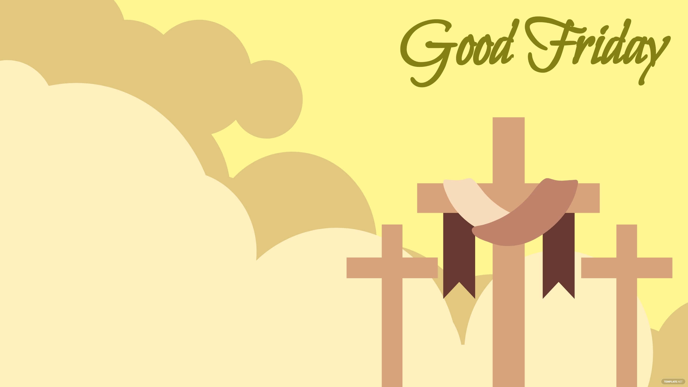 Good Friday 桌布 壁紙 — 三個木製十字架在柔和黃色天空和風格化雲朵的背景下莊嚴矗立，並以優雅字體寫有「耶穌受難日」文字。