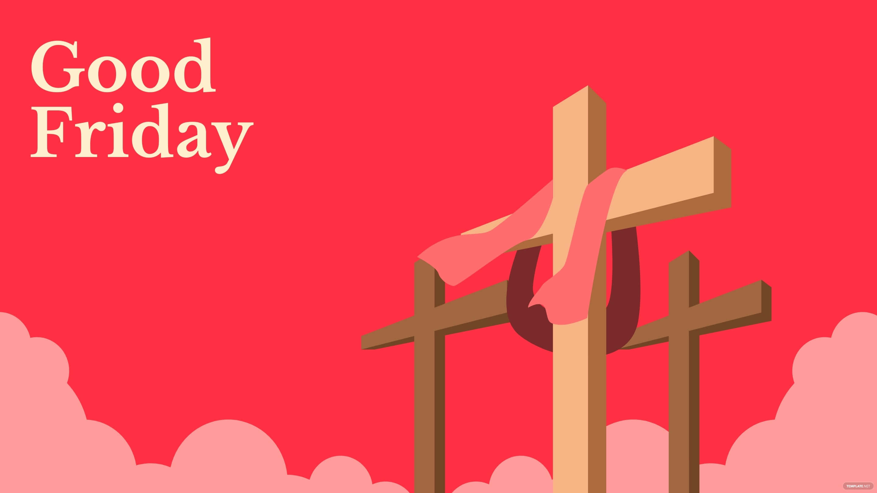 Good Friday 桌布 壁紙 — 三個木製十字架矗立在鮮紅色的天空下，伴隨著柔和的粉紅色雲朵和白色的「Good Friday」文字。