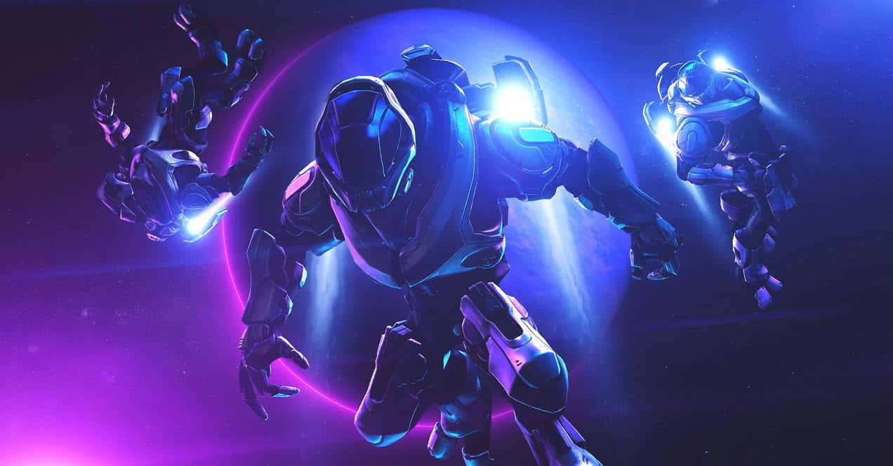 Halo Covenant 桌布 壁紙 — 三個未來風格裝甲人物漂浮在太空中，背景是一個發光的紫藍色星球，伴隨著耀眼的光束。