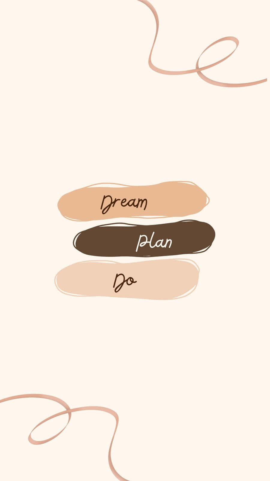 Minimalist Vintage 桌布 壁紙 — 三個柔和色調的抽象形狀，標有「Dream Plan Do」，漂浮在淺米色背景上，帶有精緻的絲帶漩渦。