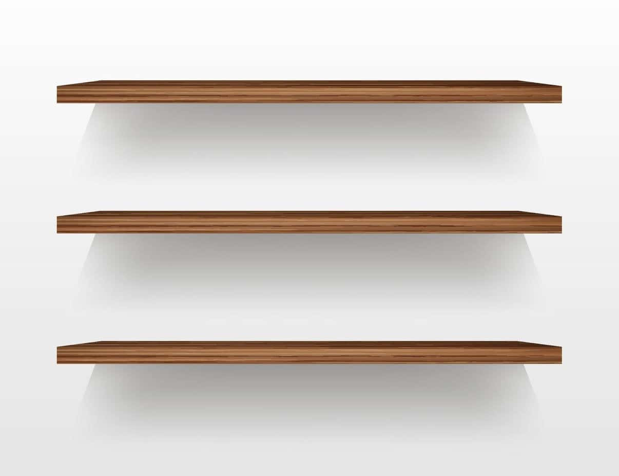 Shelves 桌布 壁紙 — 三個極簡木質層架懸浮在潔白牆面上，投下柔和陰影。
