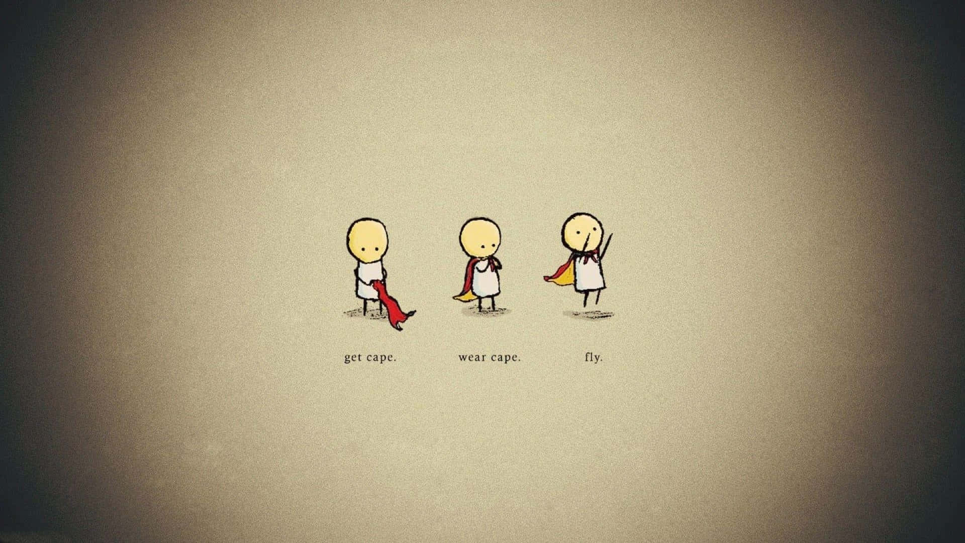 Cute Funny 桌布 壁紙 — 三個極簡火柴人從拿著斗篷到穿上它再到飛翔，背景是帶紋理的米色。