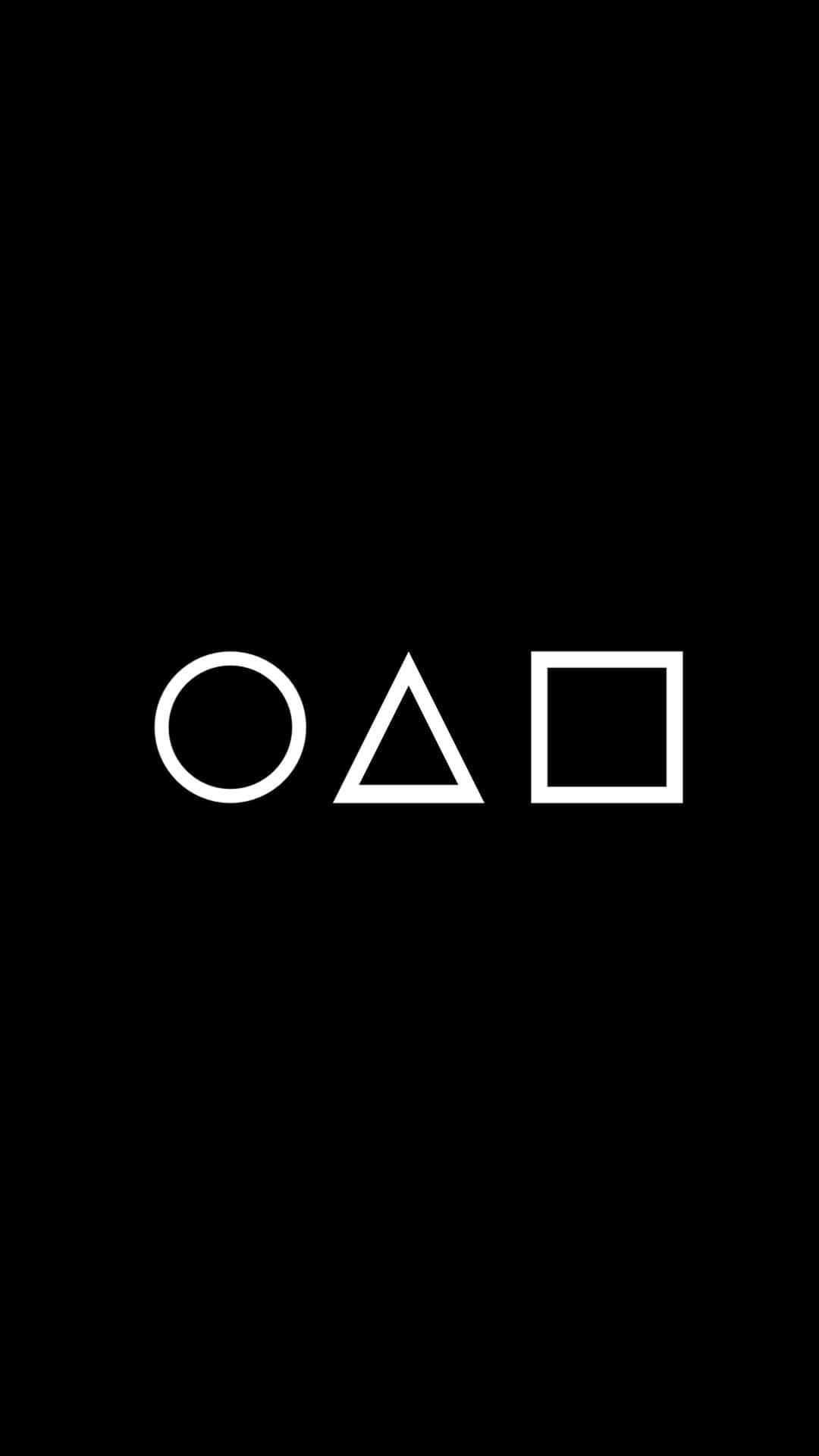 Squid Game 桌布 壁紙 — 三個極簡白色幾何形狀 圓形 三角形 正方形 居中於純黑色背景上。