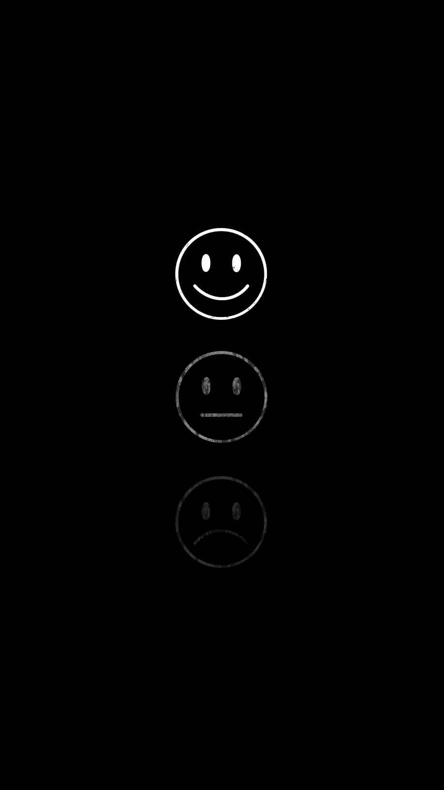 sad iPhone 桌布 壁紙 — 三個極簡白色笑臉垂直排列在黑色背景上，顯示開心、中立和悲傷的表情。