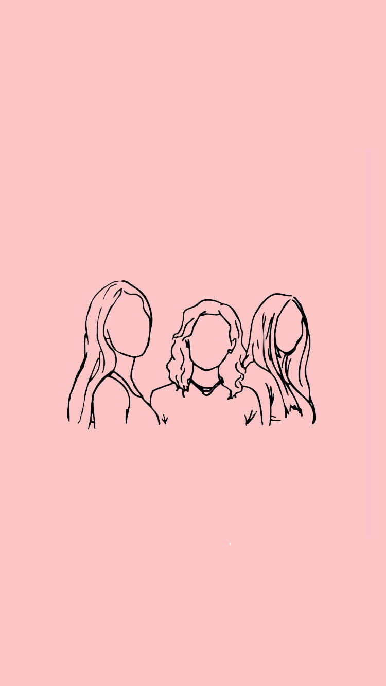 Aesthetic Drawings 桌布 壁紙 — 三個極簡線條人物，長髮，站在柔和的粉紅色背景前。