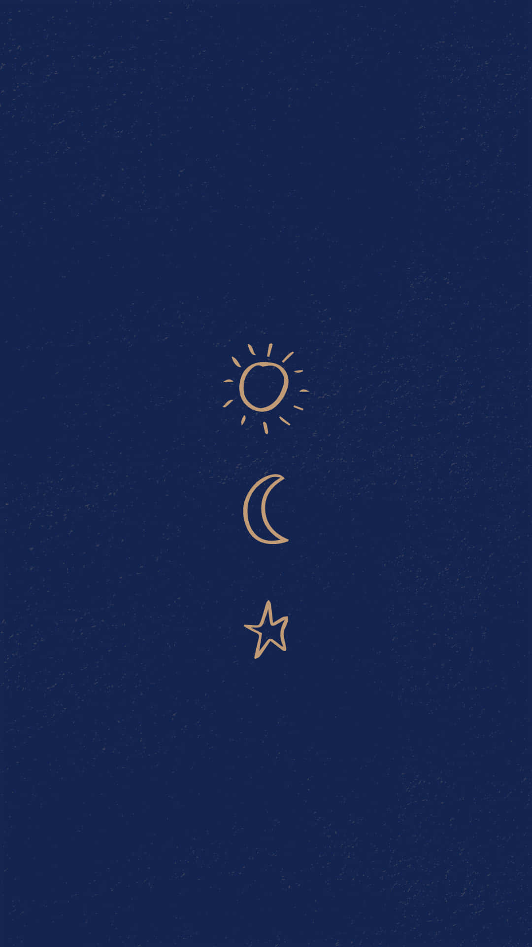 Moon And Stars Phone 桌布 壁紙 — 三個極簡金色天體符號太陽月亮星星垂直排列在帶紋理的深藍色背景上。