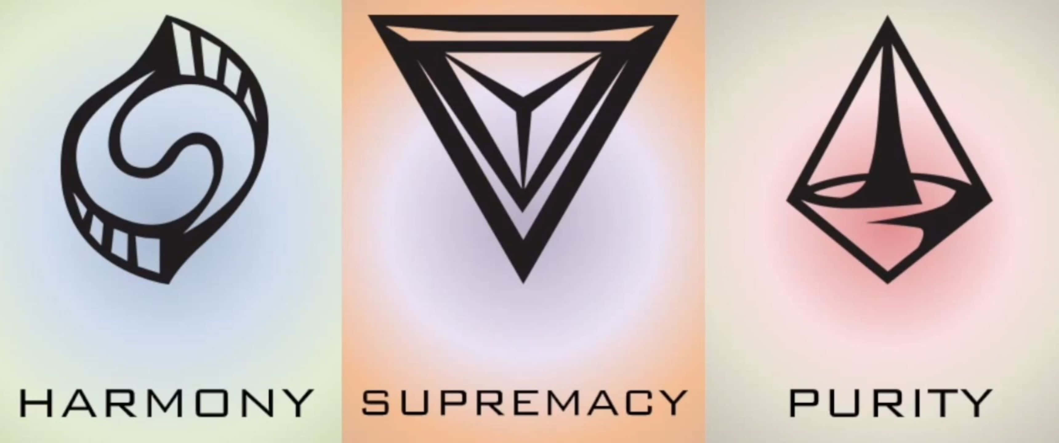 1440p Civilization Beyond Earth 桌布 壁紙 — 三個極簡黑色幾何標誌，標有 harmony supremacy purity，置於柔和漸變背景上。