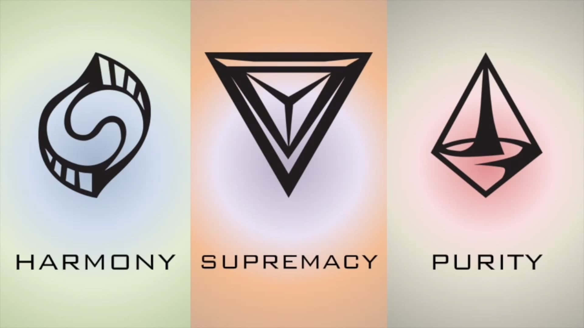 Civilization Beyond Earth 桌布 壁紙 — 三個極簡黑色標誌，上面寫著 harmony supremacy purity，背景為柔和色調。
