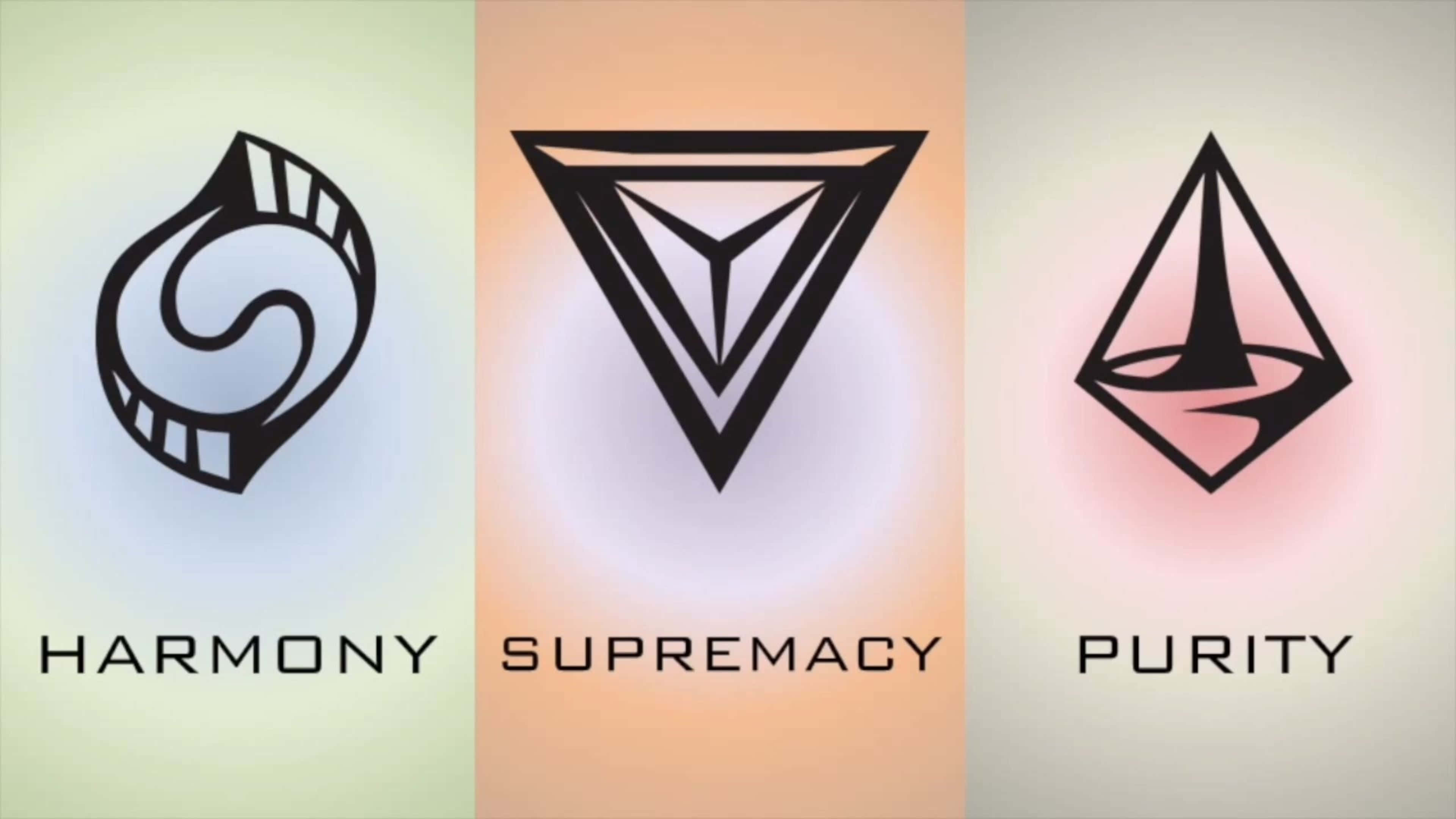 電玩遊戲 桌布 壁紙 — 三個極簡黑色標誌，標有 harmony supremacy purity，位於柔和漸變背景上。