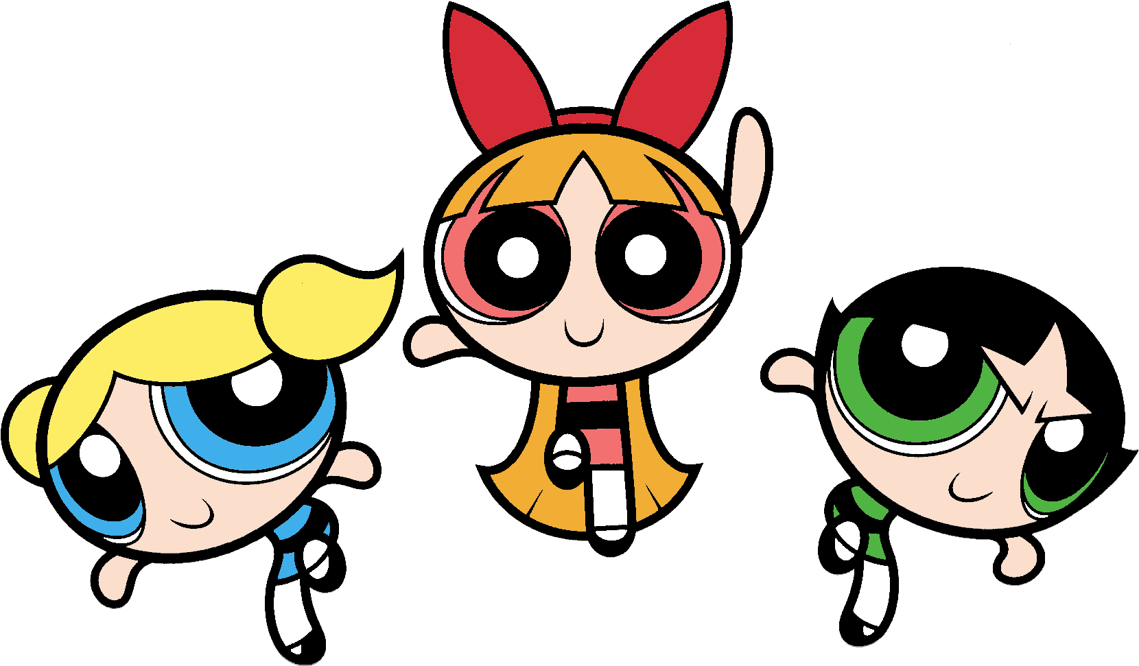 Powerpuff Girls 桌布 壁紙 — 三個標誌性卡通女孩，擁有超大眼睛和標誌性色彩，在純黑背景上飛翔。