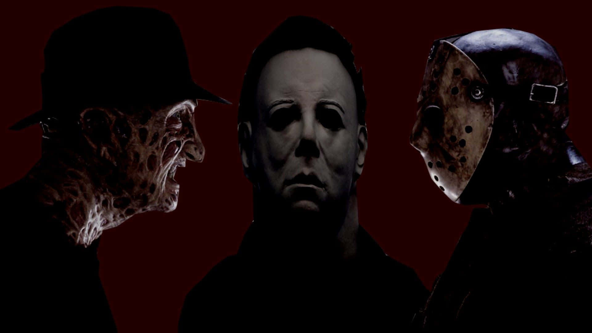 Freddy Krueger 桌布 壁紙 — 三個標誌性恐怖反派在暗紅燈光的場景中對峙，表情兇狠。