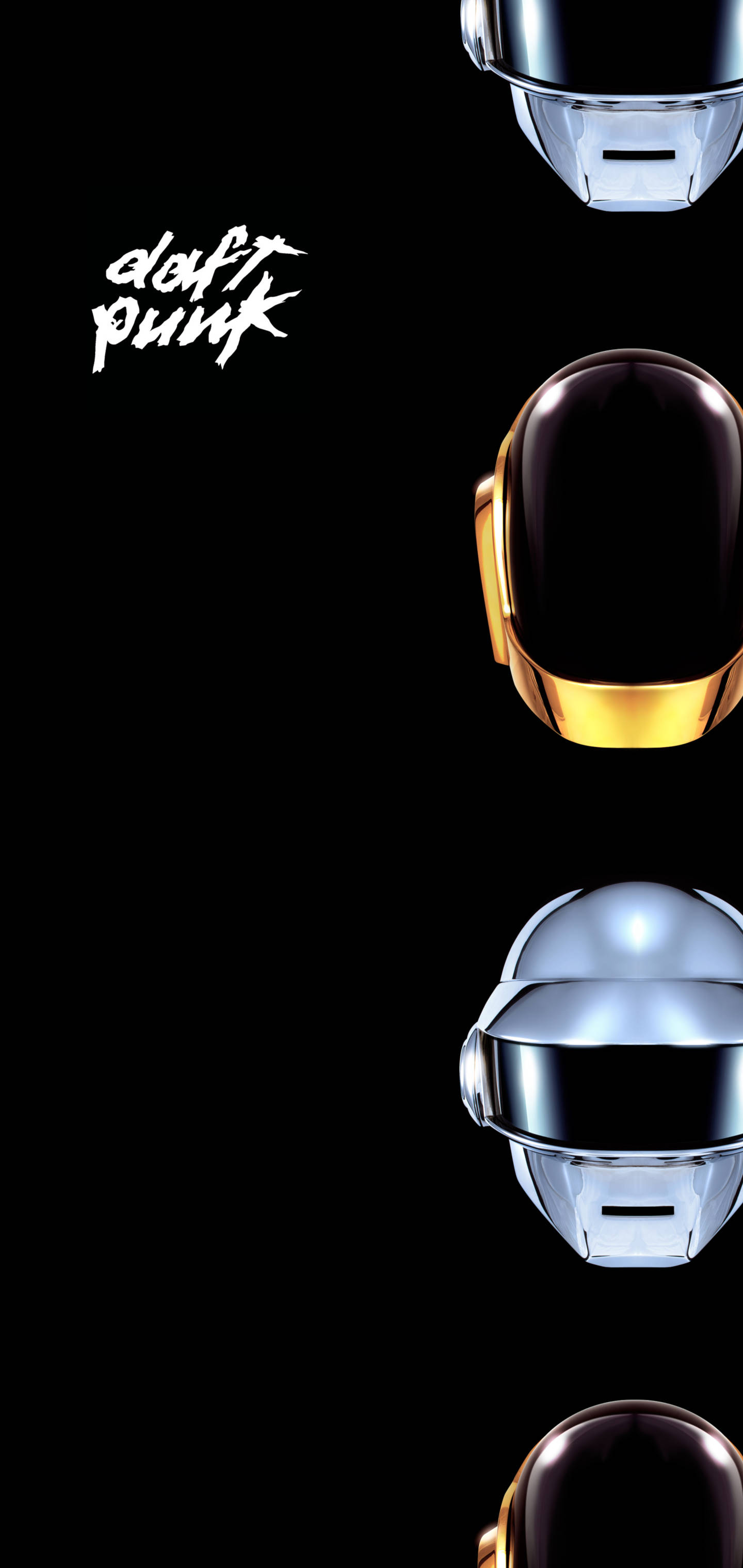 Galaxy S10 Plus 桌布 壁紙 — 三個標誌性的 Daft Punk 頭盔，分別為銀色、金色和黑色，垂直漂浮在純黑色背景上，樂隊名稱以白色塗鴉風格文字呈現。
