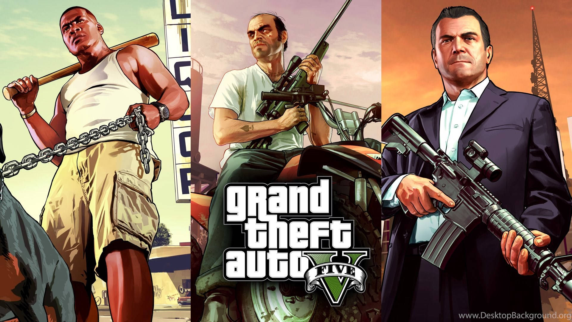 Gta 桌布 壁紙 — 三個標誌性的 Grand Theft Auto V 角色在日落城市背景下手持武器擺姿勢。