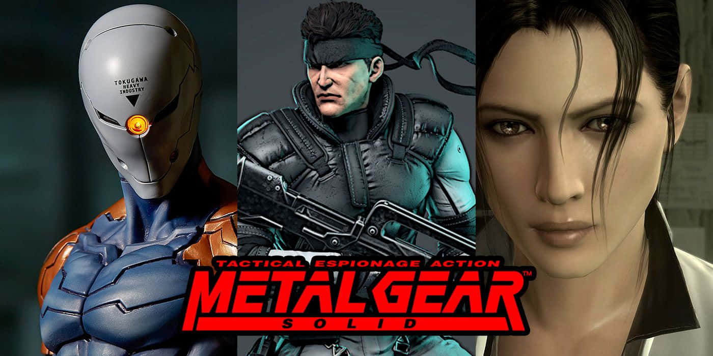 潛龍諜影 桌布 壁紙 — 三個標誌性的《Metal Gear Solid》角色，身穿戰術裝備，眼睛發光，表情嚴肅。