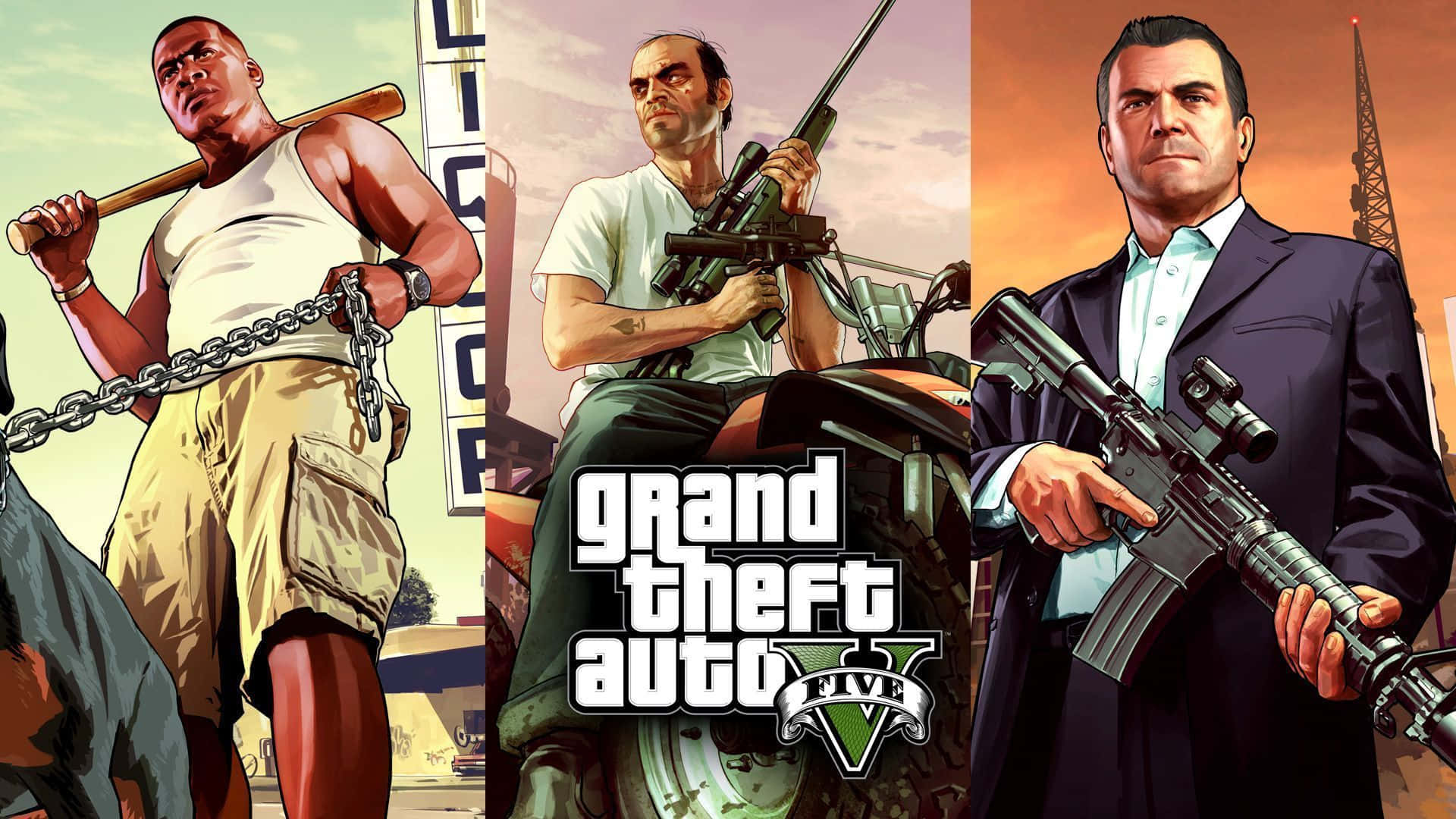 Gta 5 Desktop 桌布 壁紙 — 三個標誌性的《俠盜獵車手V》角色在夕陽城市背景下手持武器擺姿勢。
