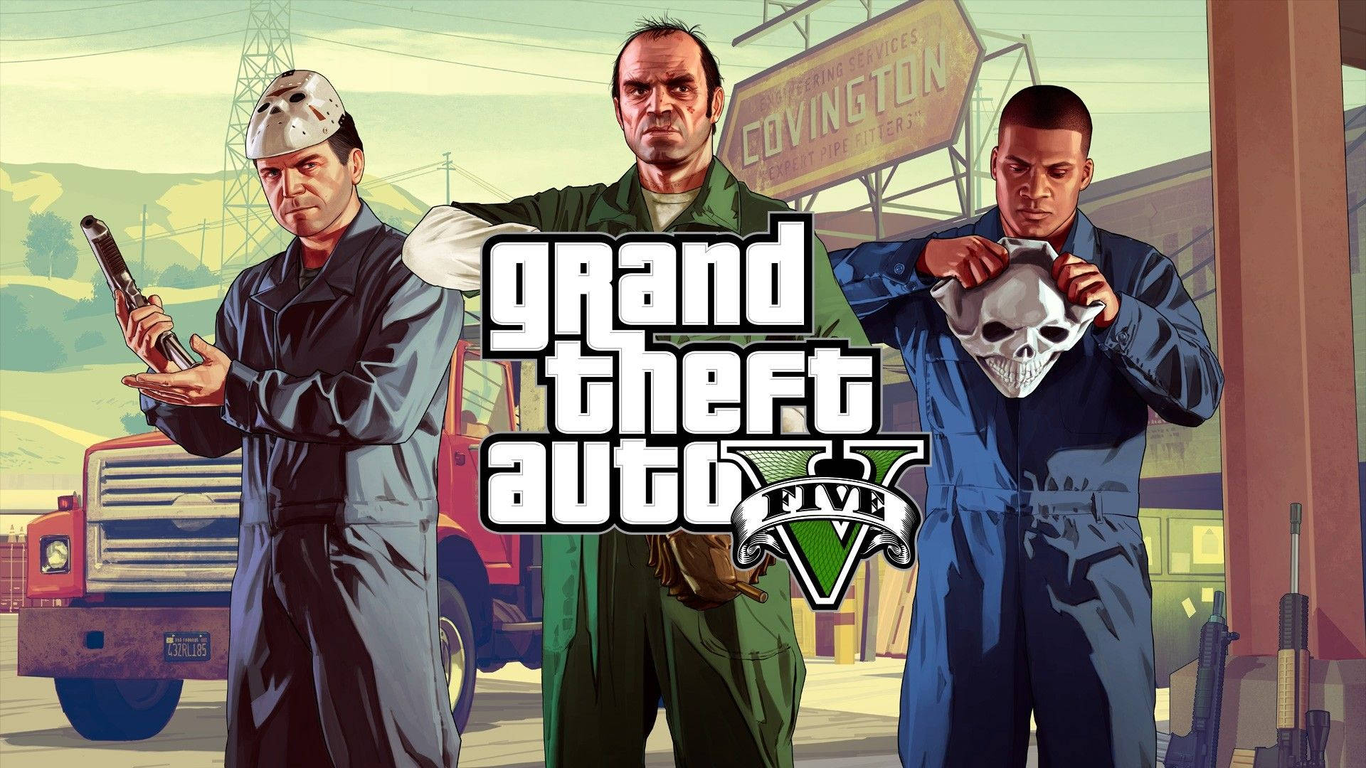 Cool Gta 5 桌布 壁紙 — 三個標誌性的GTA V角色站在陽光明媚的沙漠小鎮，身後有一輛紅色卡車和『Covington』招牌。