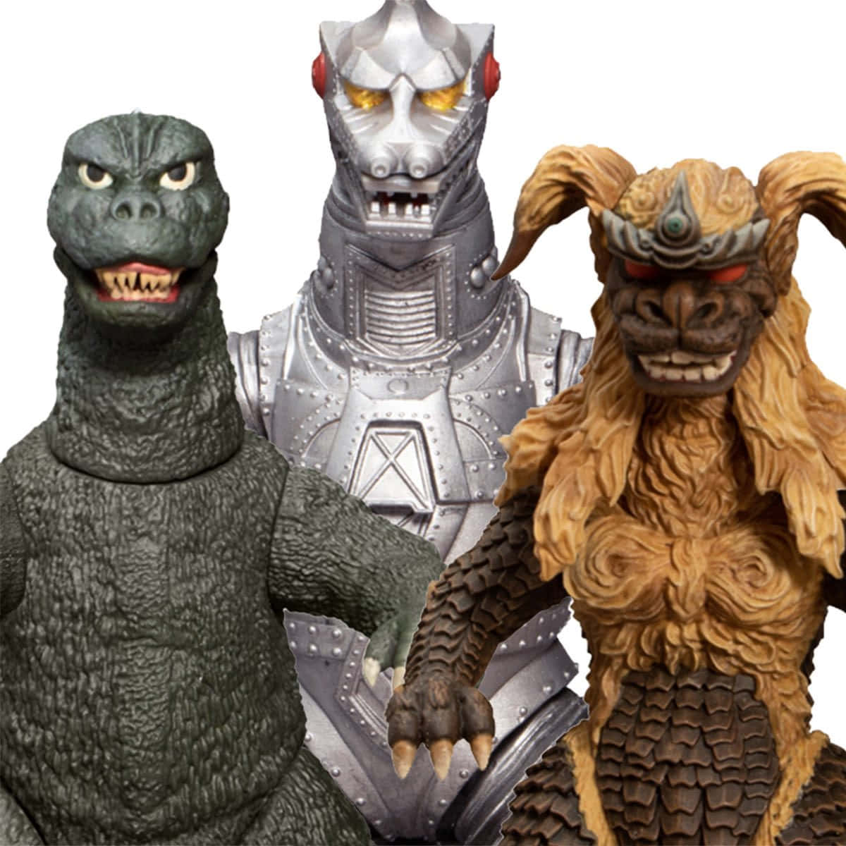 Godzilla Vs King Caesar 桌布 壁紙 — 三個標誌性的怪獸人偶哥吉拉、機械哥吉拉和王者基多拉，在純白背景下威風凜凜地站立。
