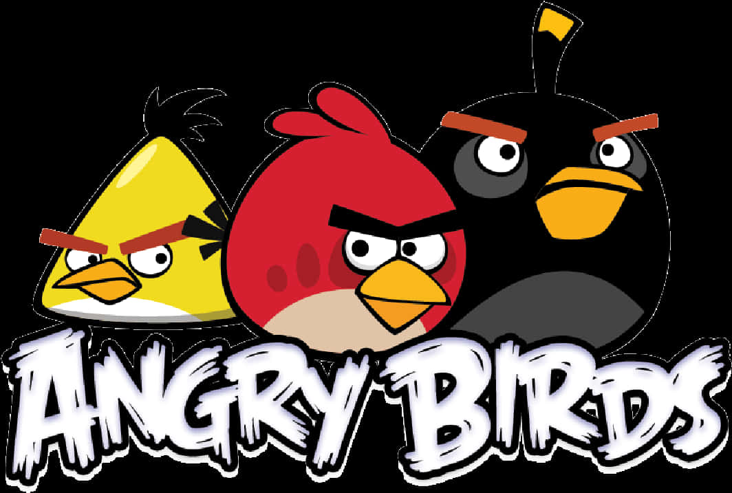 Angry Birds 桌布 壁紙 — 三個標誌性的憤怒鳥角色，黃色、紅色和黑色，帶有憤怒的表情，站在黑色背景上，帶有粗體白色標誌文字。