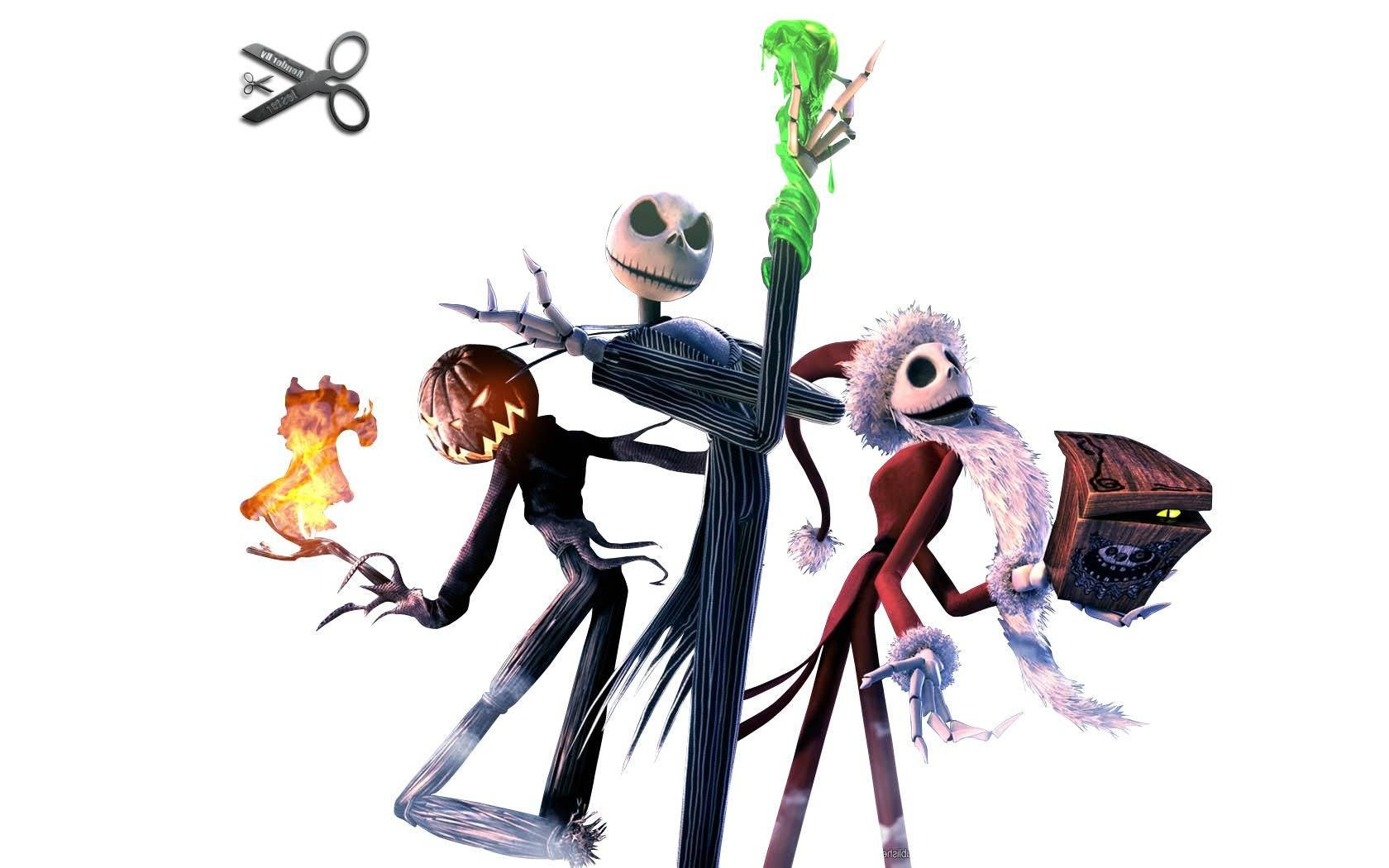 傑克·史克林頓 桌布 壁紙 — 三個標誌性的提姆·波頓角色 Jack Skellington、Sally 和 Zero 在純白背景上動態擺姿勢，一把剪刀漂浮在上方。
