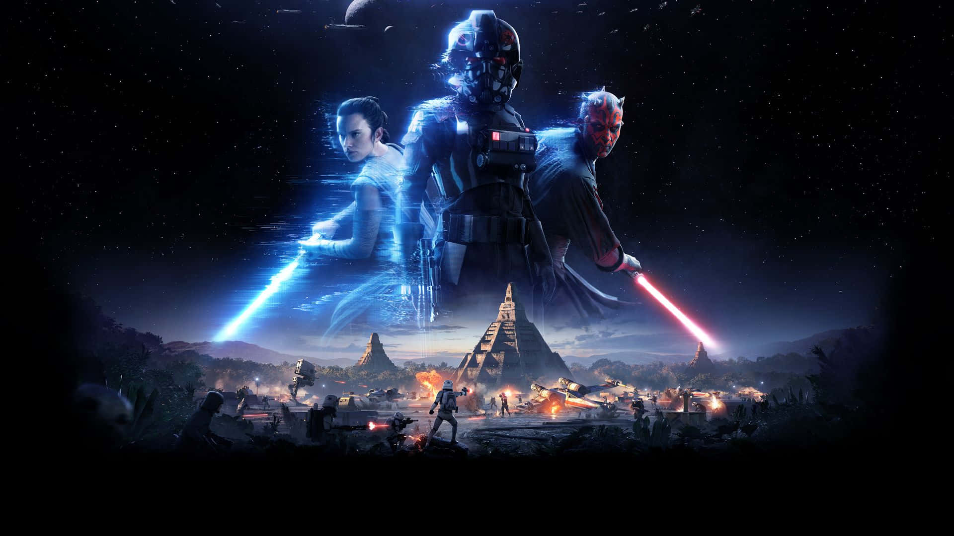 Star Wars Games 桌布 壁紙 — 三個標誌性的星際大戰角色站在星空下的戰場上，發光的光劍照亮了場景。