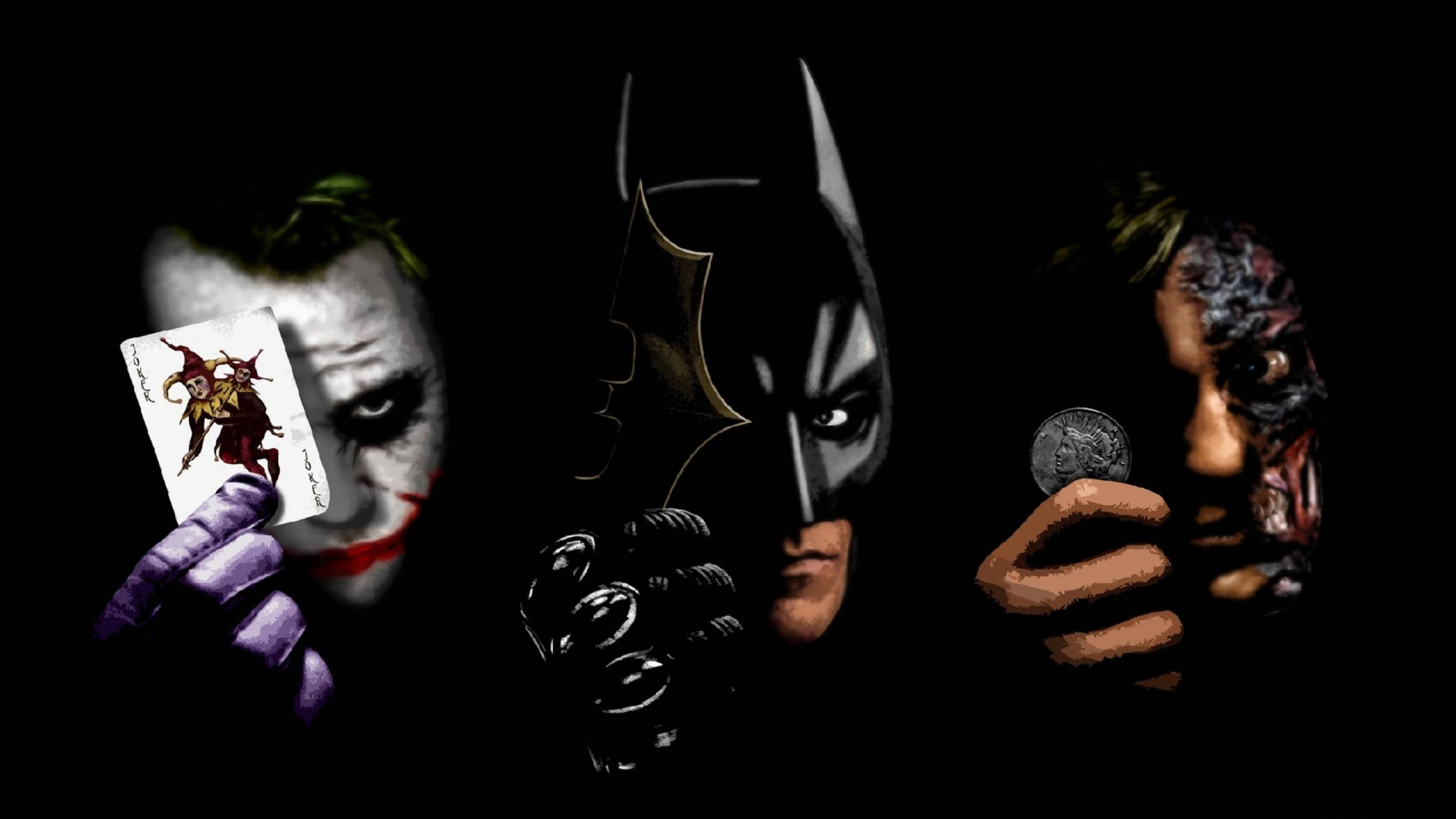 Joker Drawing 桌布 壁紙 — 三個標誌性的蝙蝠俠反派在黑暗中照亮，每人手持一個象徵性物品，背景為黑色。