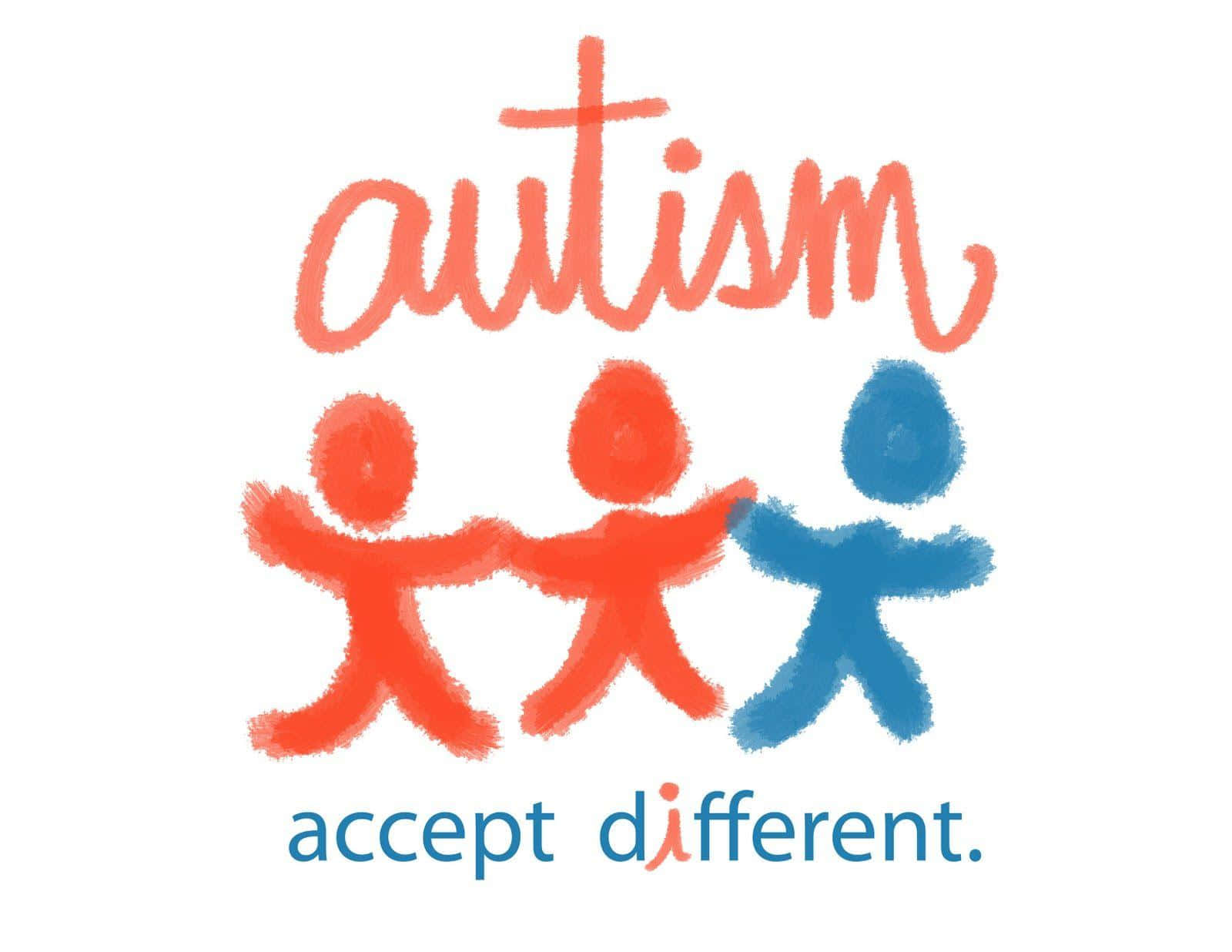 藍色 桌布 壁紙 — 三個橙色和藍色的風格化人物在autism一詞下手牽手，下方有accept different字句。
