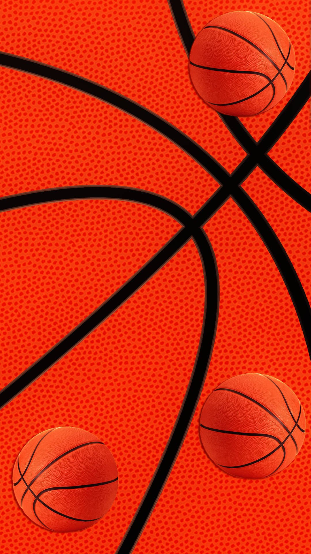 cool basketball iPhone 桌布 壁紙 — 三個橙色籃球漂浮在充滿活力的紅色紋理背景上，帶有粗體黑色曲線。