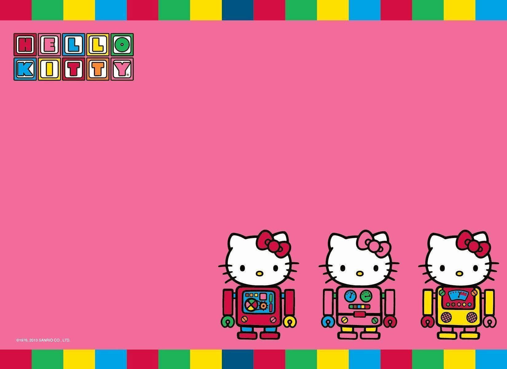 可愛女生 桌布 壁紙 — 三個機器人主題的Hello Kitty角色排成一排，背景是明亮的粉紅色，帶有彩色條紋邊框。