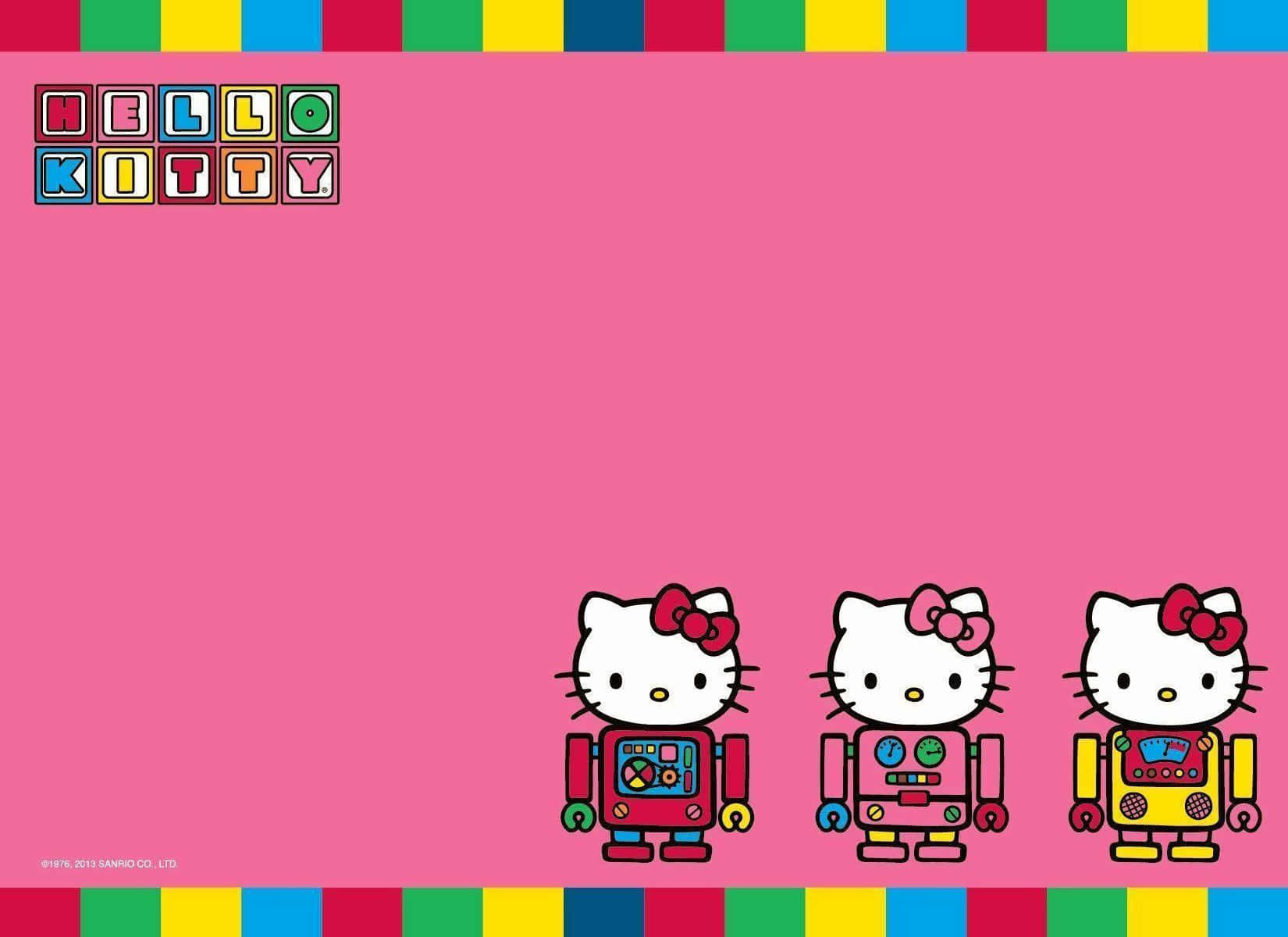 可愛女生 桌布 壁紙 — 三個機器人主題的Hello Kitty角色排成一排，背景是明亮的粉紅色，帶有彩色條紋邊框。