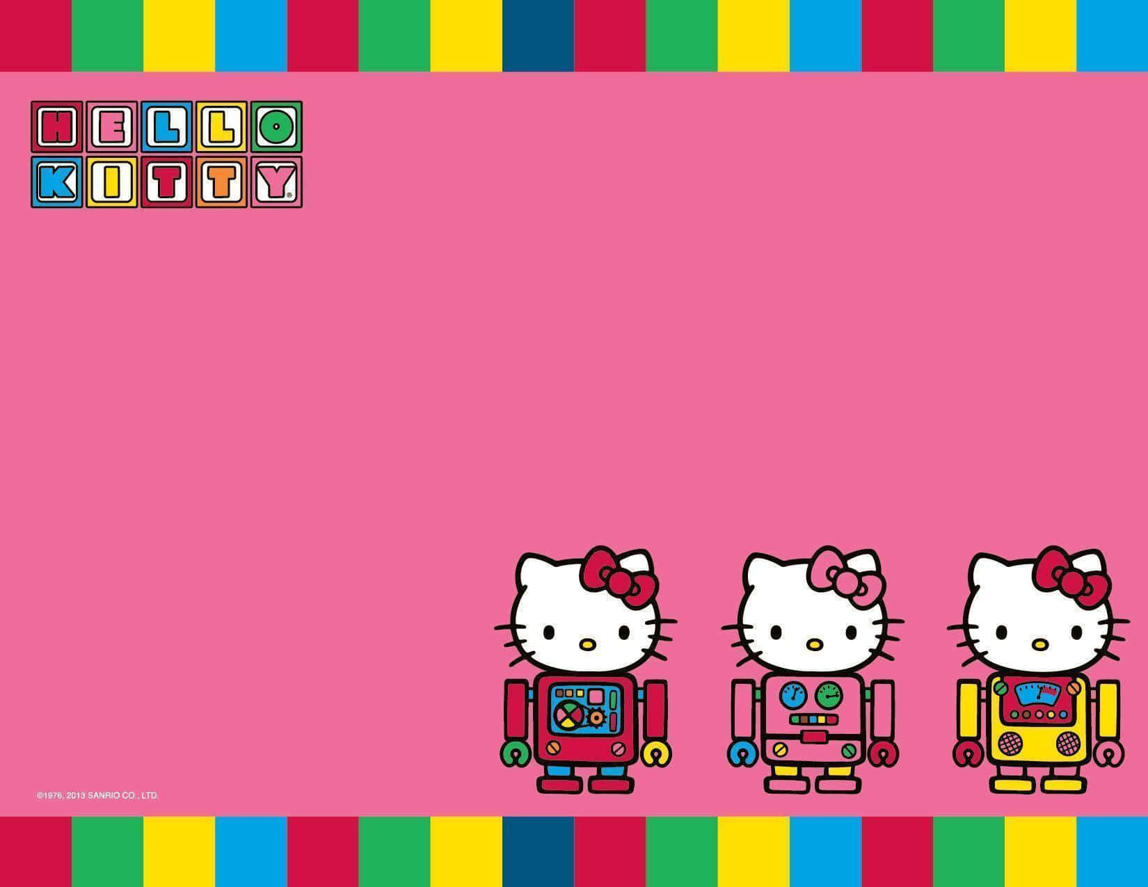 Hello Kitty Pc 桌布 壁紙 — 三個機器人主題的Hello Kitty角色站在粉紅色背景上，背景由彩色條紋框住。