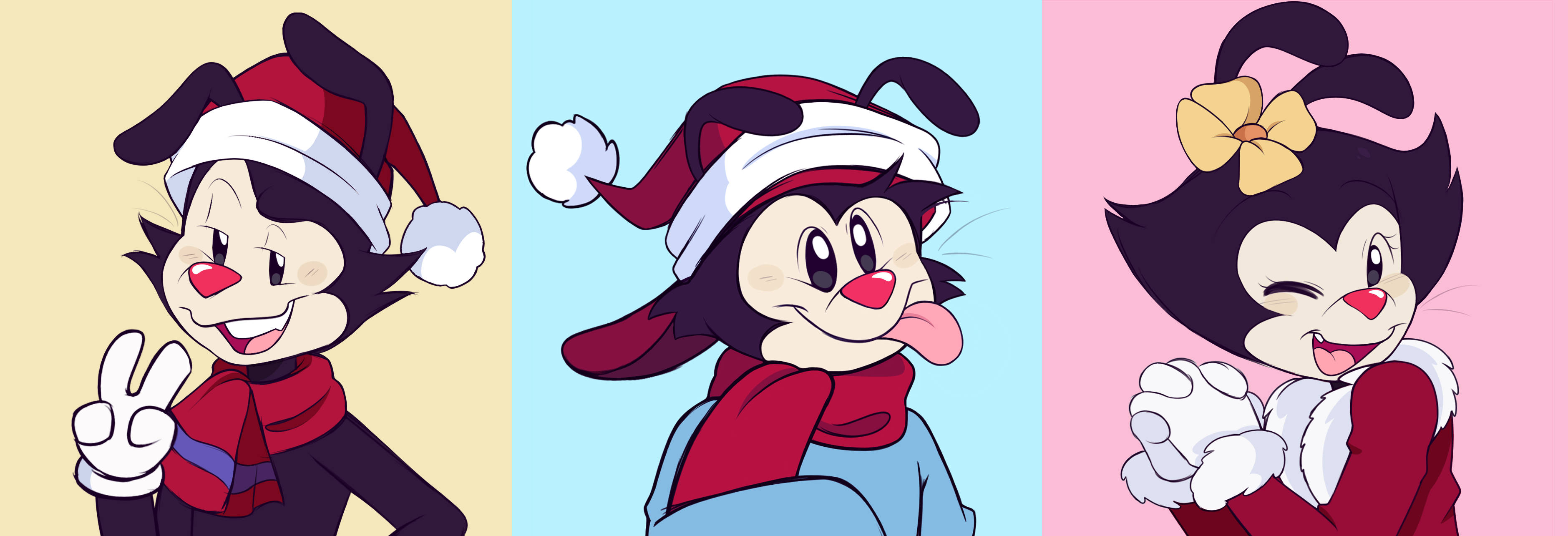 Animaniacs 桌布 壁紙 — 三個歡樂的卡通角色戴著節日聖誕帽和圍巾，在粉彩背景前俏皮地擺姿勢。