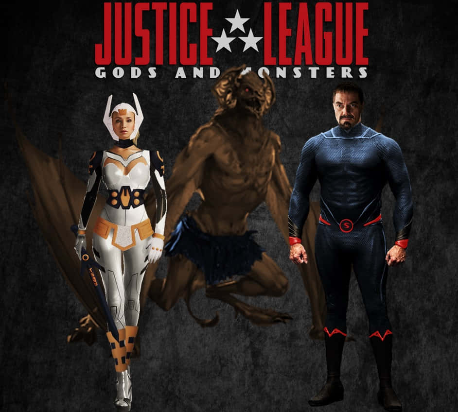 Justice League Gods And Monsters 桌布 壁紙 — 三個正義聯盟角色站在深色紋理背景前，上方有粗體紅色標題文字。