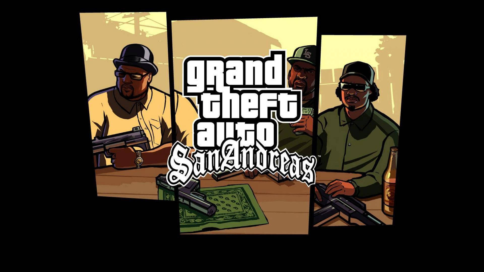 GTA 聖安地列斯 桌布 壁紙 — 三個武裝男子在昏暗的房間裡，手持槍械和金錢，帶有《俠盜獵車手：聖安地列斯》標誌。
