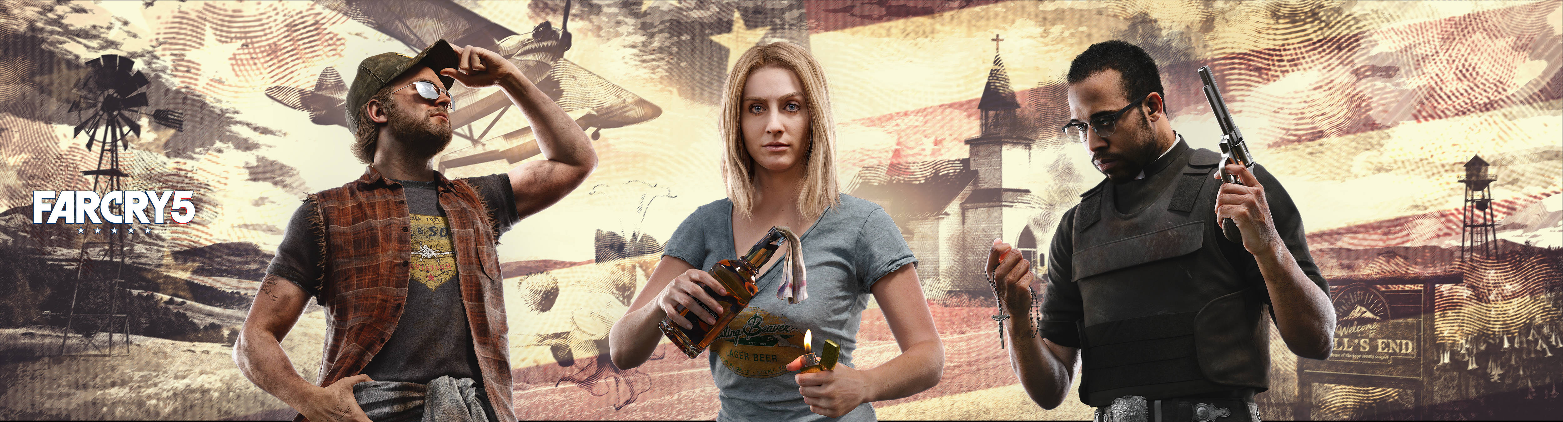 Far Cry 5 桌布 壁紙 — 三個武裝角色挑釁地站在崎嶇的美國邊境景觀中，背景有風車和教堂。