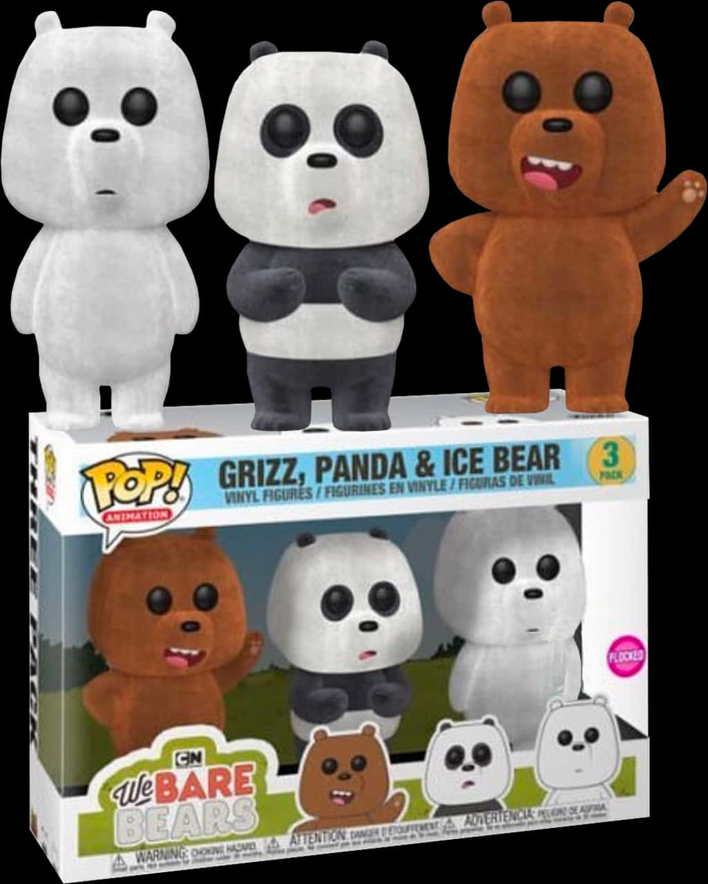 熊熊遇見你 桌布 壁紙 — 三個毛絨風格的We Bare Bears乙烯基公仔——Grizz、Panda和Ice Bear——站在它們色彩繽紛的Funko Pop!包裝上面。