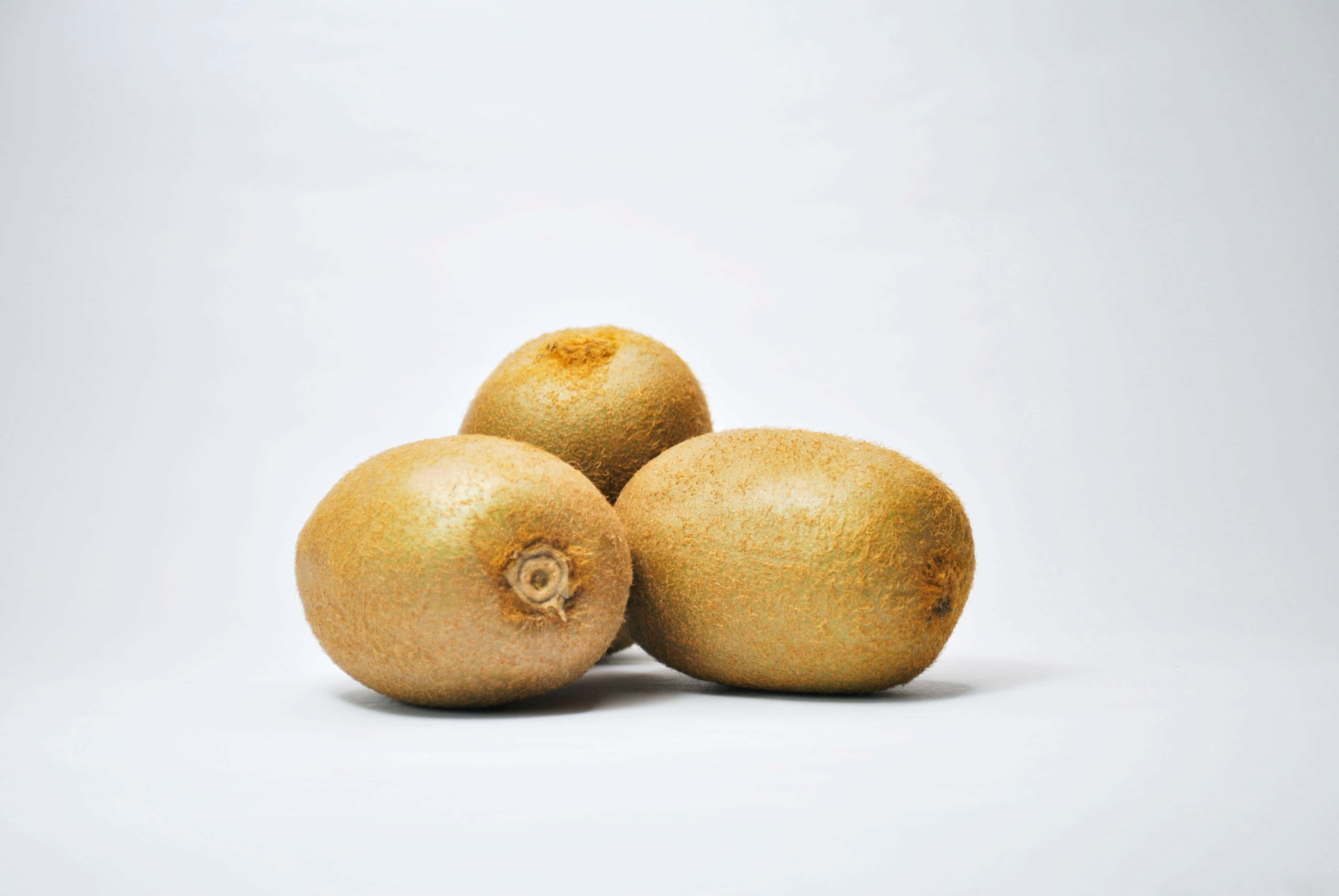 Kiwi 桌布 壁紙 — 三個毛茸茸的棕色奇異果在純白色背景上堆成一小堆。