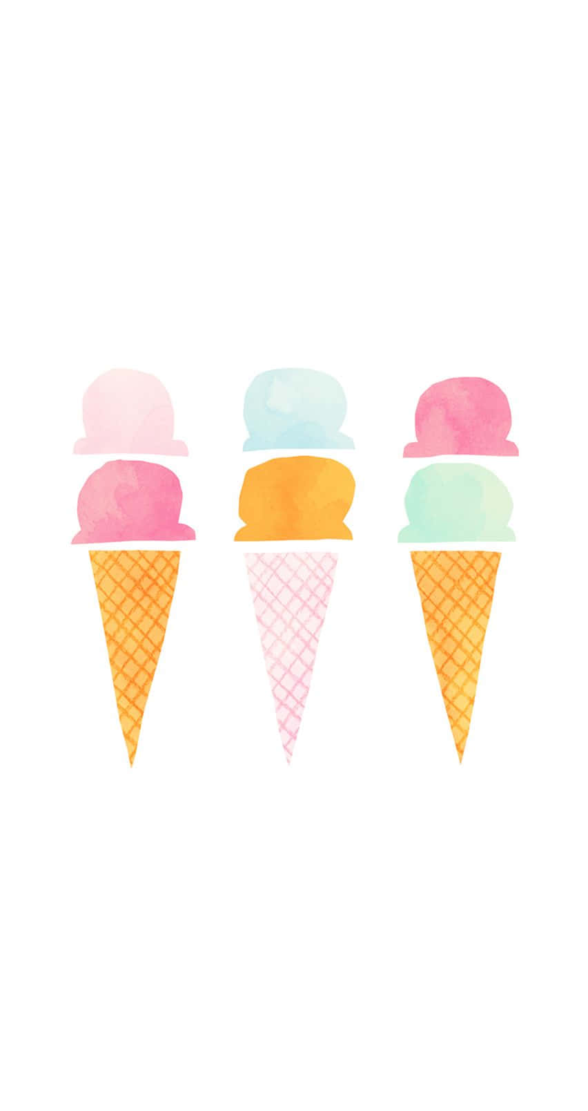 Cute Summer iPhone 桌布 壁紙 — 三個水彩風格的冰淇淋甜筒，上面有柔和色調的冰淇淋球和鬆餅甜筒，背景是白色。