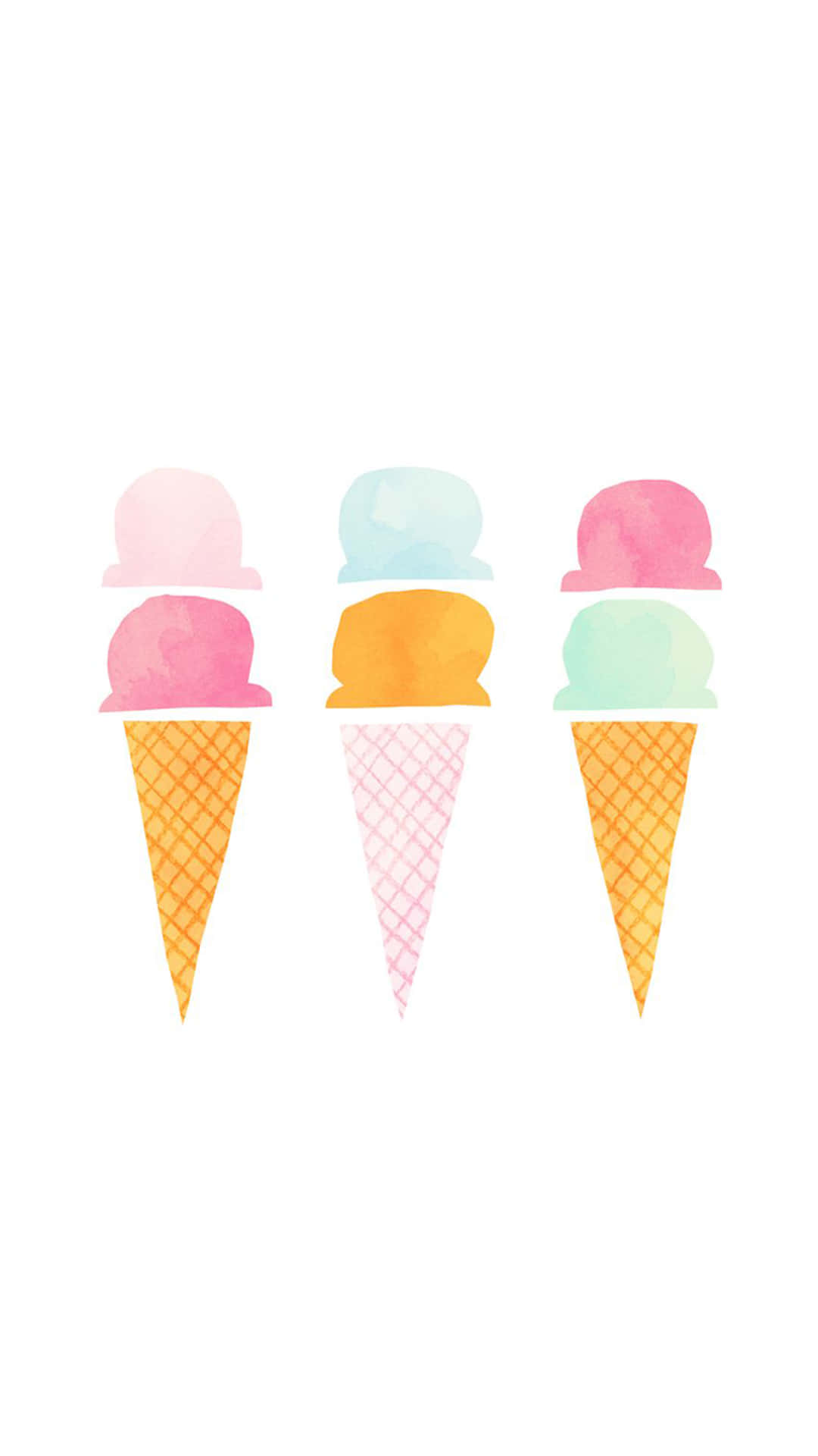 Cute Food iPhone 桌布 壁紙 — 三個水彩風格的冰淇淋甜筒，上面有粉彩冰淇淋球，立在純白背景前。
