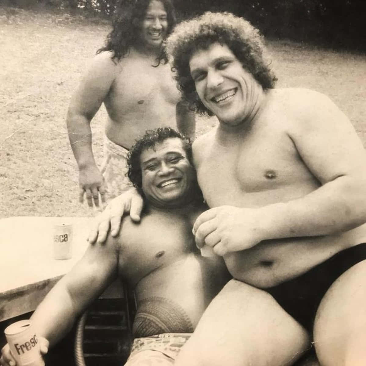 Andre The Giant 桌布 壁紙 — 三個沒穿上衣、頭髮捲曲的男人在戶外開心大笑，照片是復古懷舊的棕褐色調。