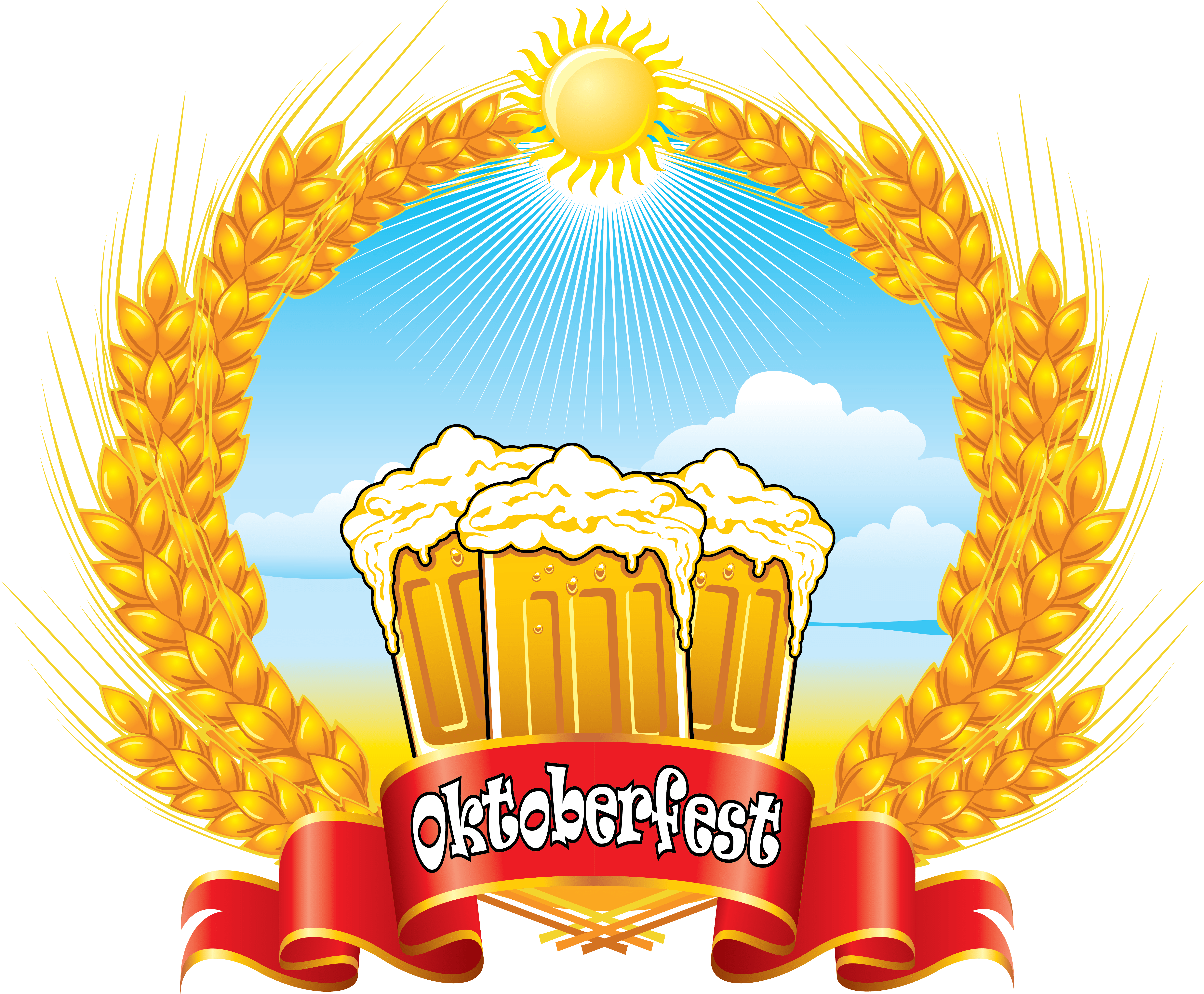 Banner Ribbon 桌布 壁紙 — 三個泡沫啤酒杯在金色麥穗環繞的陽光下，配以紅色十月節橫幅。