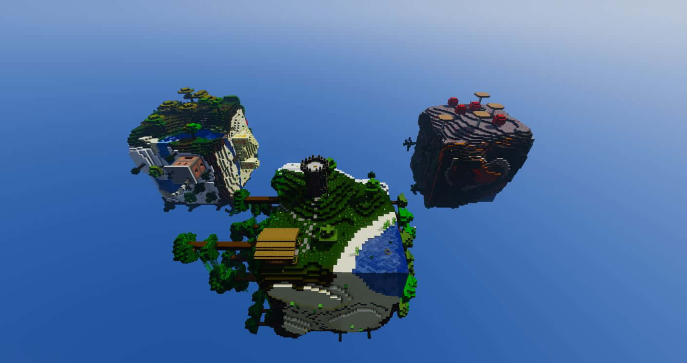 Minecraft Sky Block 桌布 壁紙 — 三個浮空的Minecraft島嶼，上面有樹木、水和建築物，懸浮在清澈的藍天中。