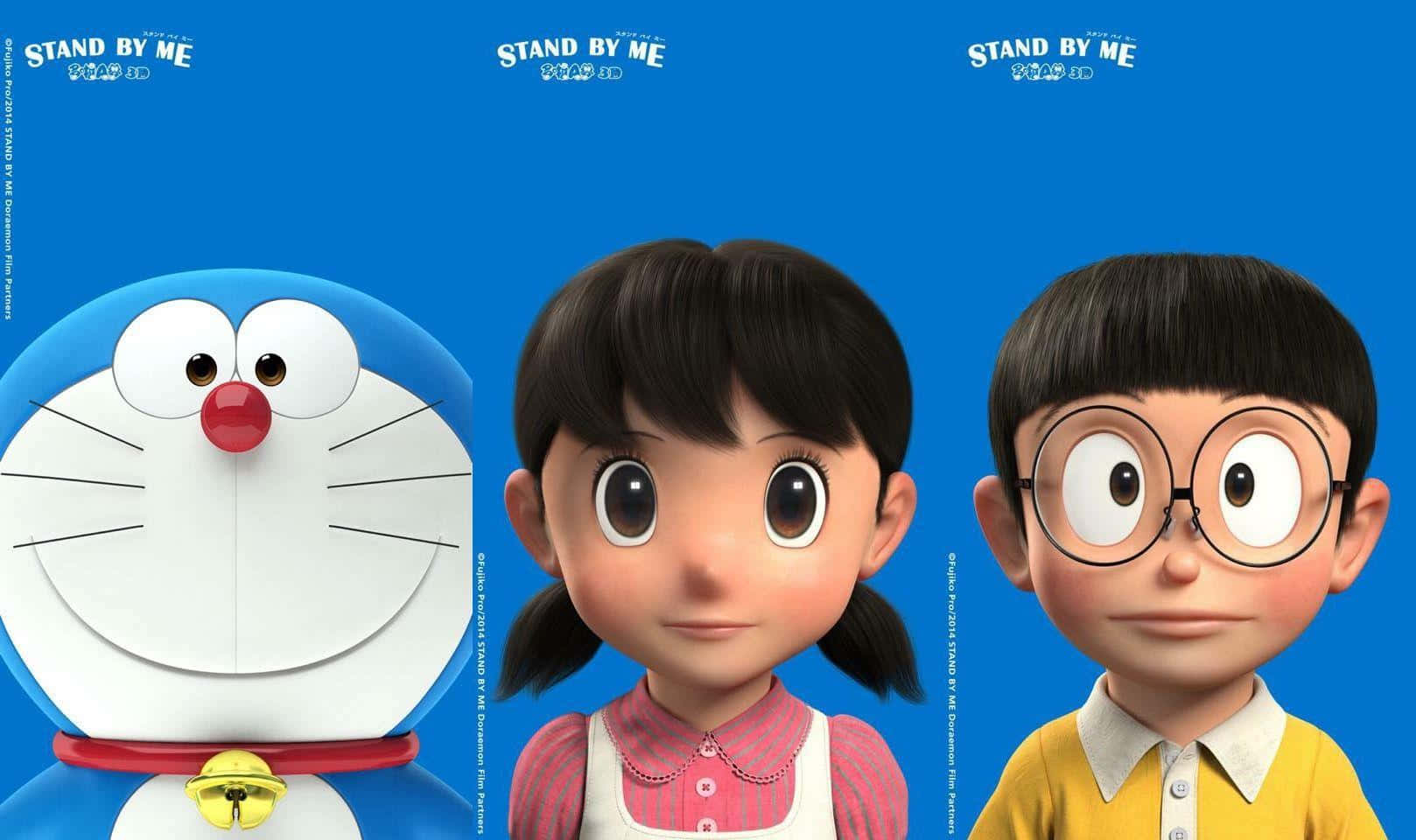 Doraemon 桌布 壁紙 — 三個深受喜愛的動漫角色：哆啦A夢、大雄和靜香，站在純藍色背景前，上方有「STAND BY ME」文字。