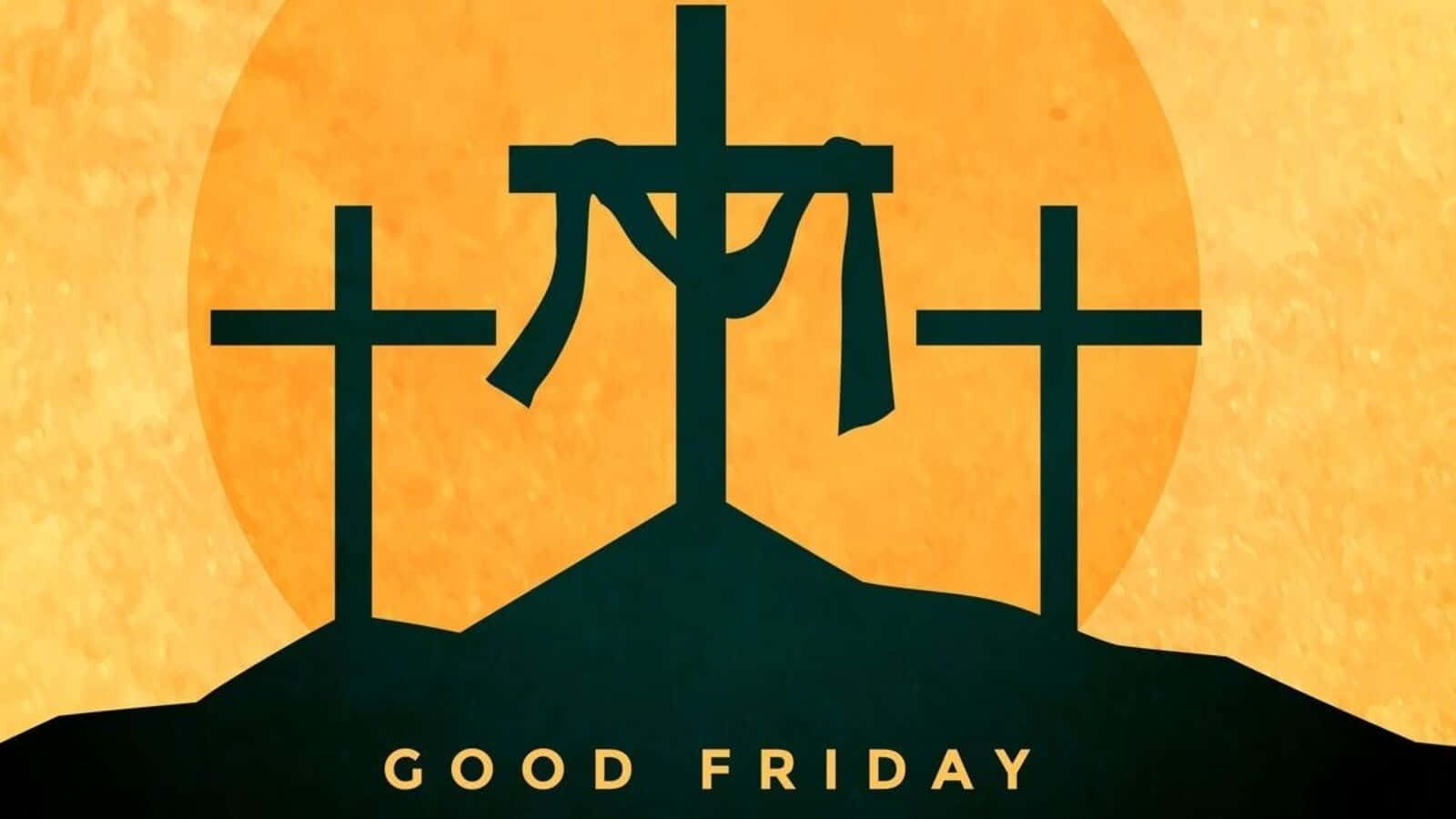 Good Friday 桌布 壁紙 — 三個深色十字架矗立在山丘上，背景是帶有紋理的金色太陽，中央十字架披著布，文字寫著「受難節」。