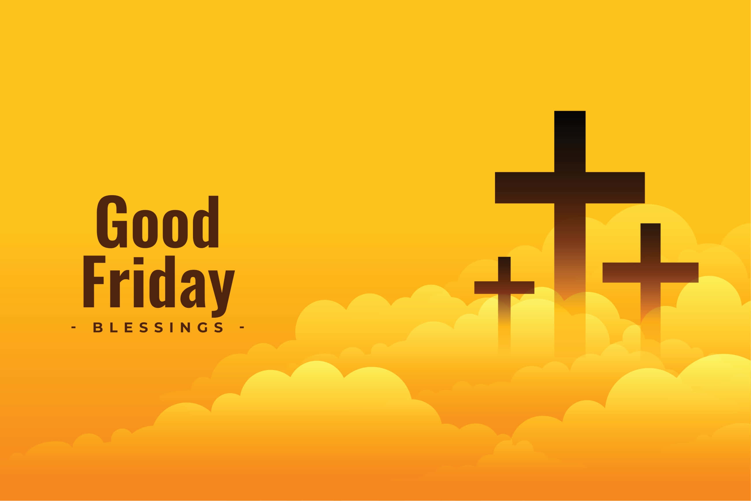 Good Friday 桌布 壁紙 — 三個深色十字架聳立在金色雲層之上，背景是燦爛的黃色天空，並帶有「Good Friday Blessings」文字。