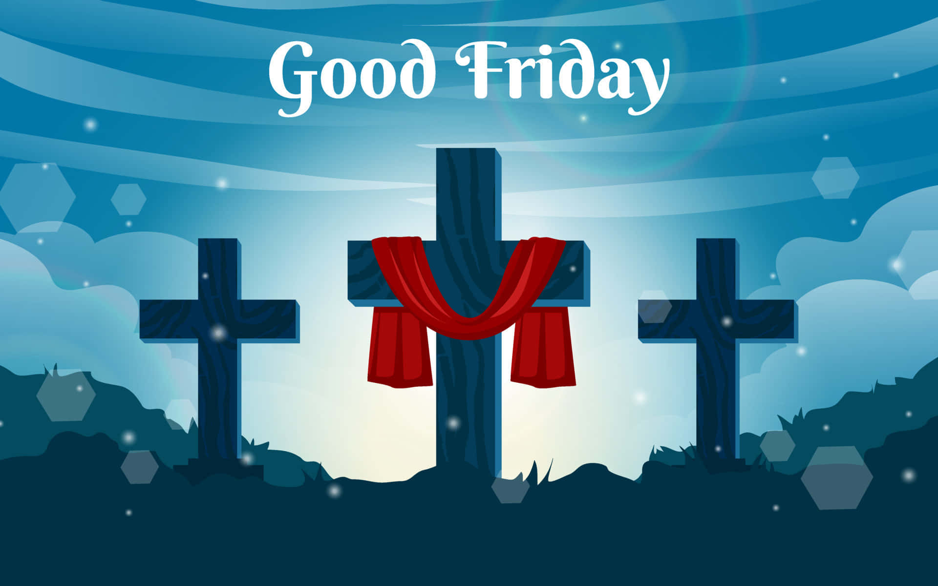 Friday 桌布 壁紙 — 三個深色十字架莊嚴地矗立在山丘上，藍天下中央的十字架上披著一塊紅布。