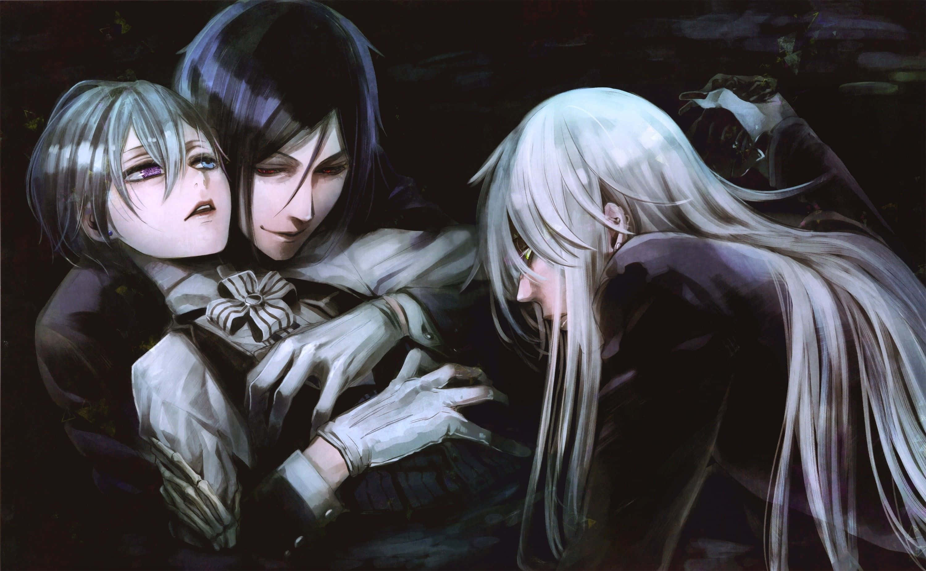 Black Butler 桌布 壁紙 — 三個深色調的動漫角色在陰沉、充滿情感的時刻依偎在一起。