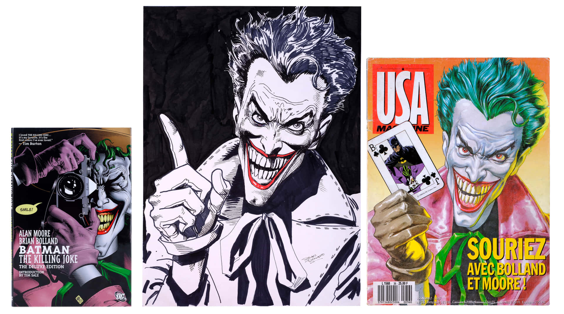 The Killing Joke 桌布 壁紙 — 三個漫畫書封面和插圖， featuring 小丑，帶有誇張的笑容和混亂的能量。
